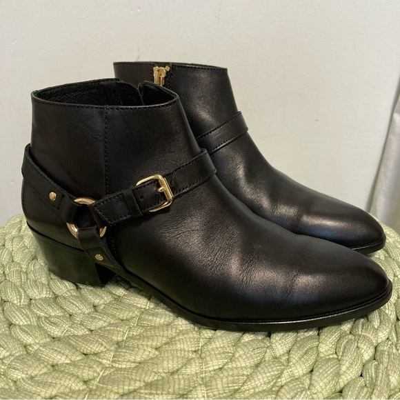 J. Crew Black Leather Moto Gold Buckle Low Chunky Heel Ankle Booties - Picture 1 of 8